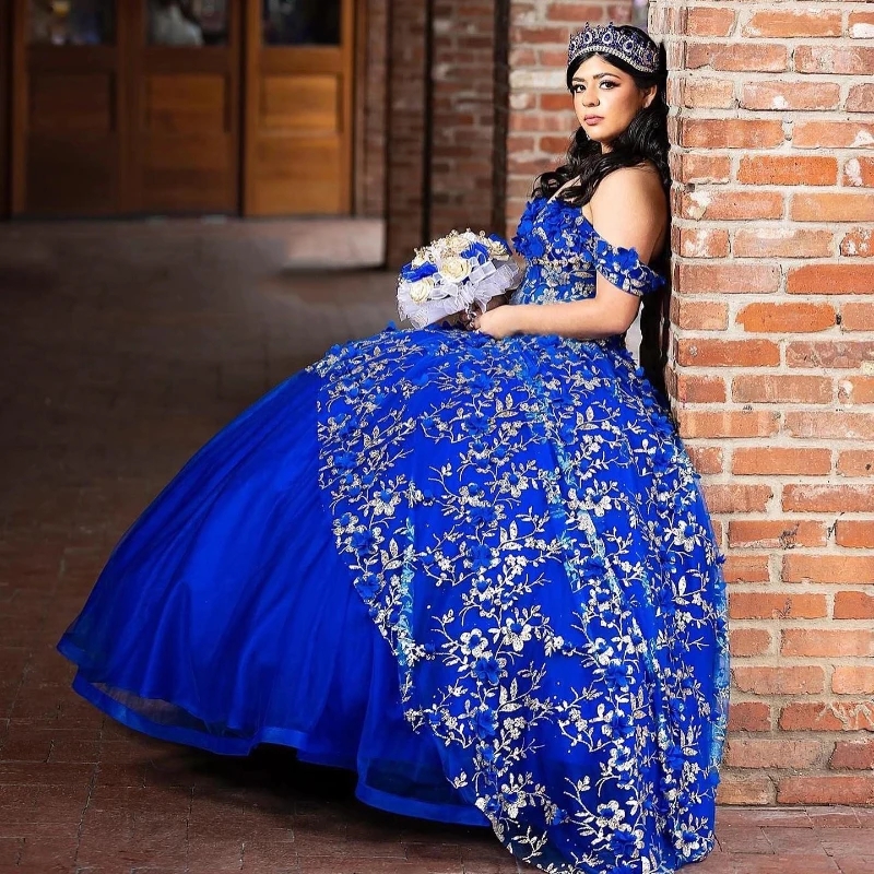 Royal Blue Quinceanera Dresses Ball Gown Puffy Vestidos De 15 Anos Sequined Gold Applique Lace Tull Party Birthday Sweet 16 Dress
