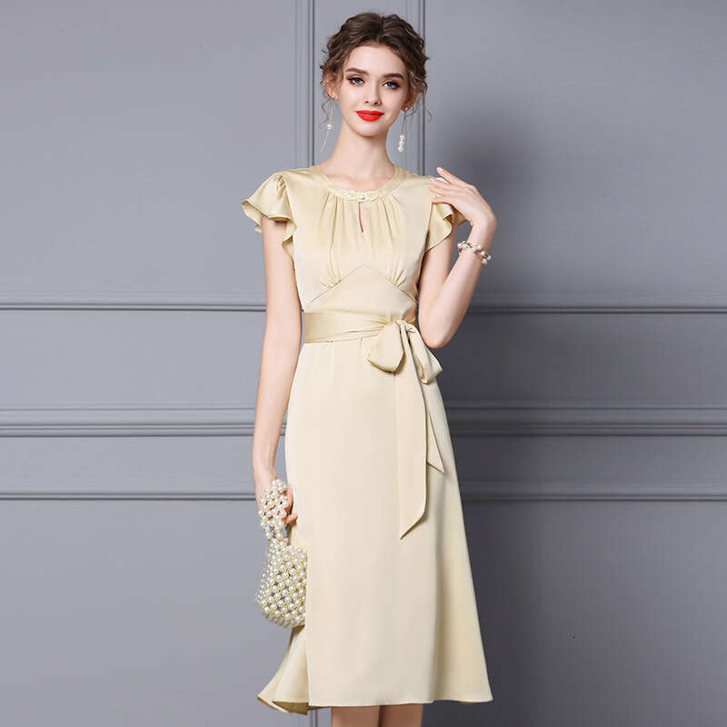 Smart and gentle style dress with short sleeves medium to long length yellow belt slimming A-line skirt 2024 summer new item