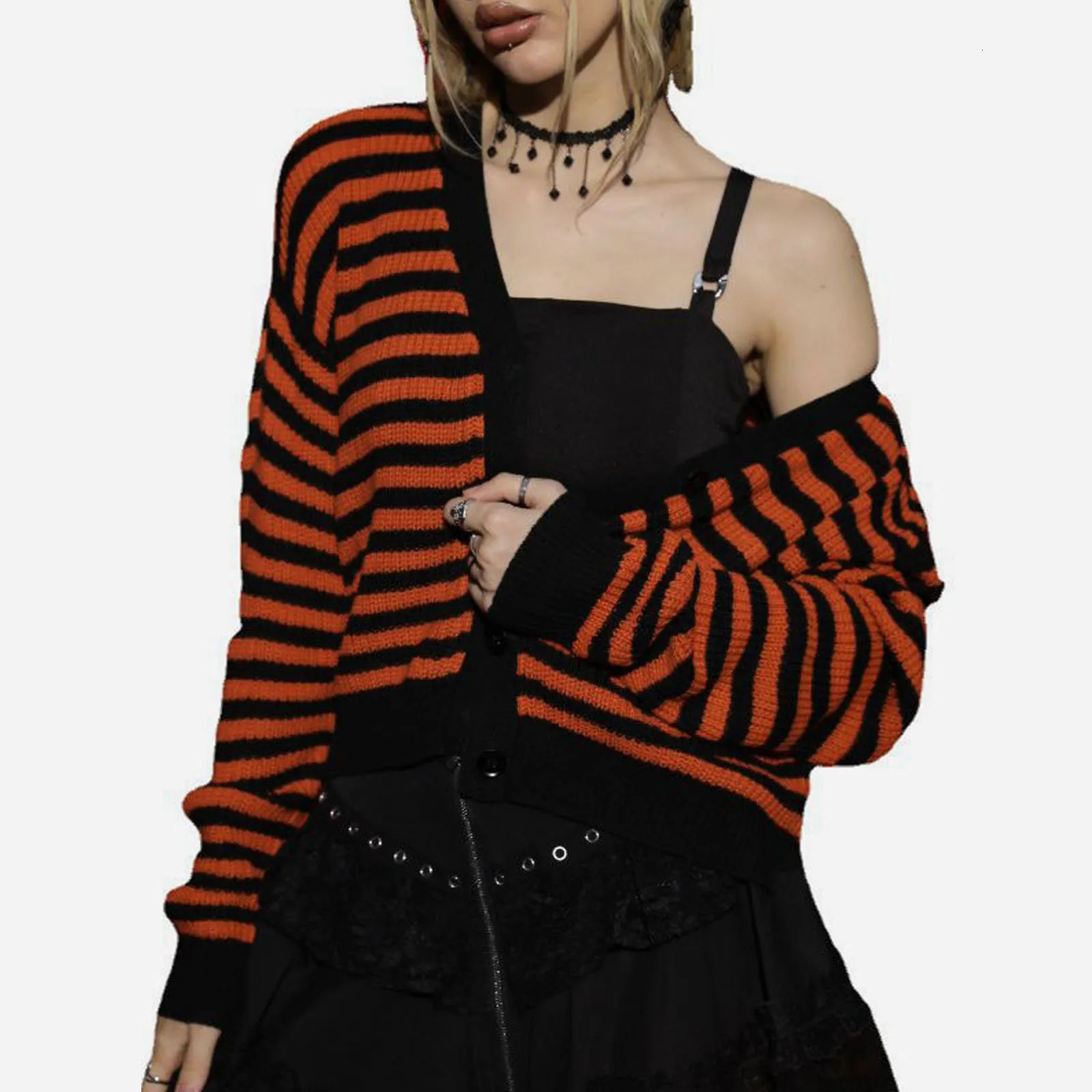 2024 Halloween Women Striped Cardigan Tops Fashion Long Sleeve Vneck Button Clre Winter Fall Casual Jacket Sweater 241007