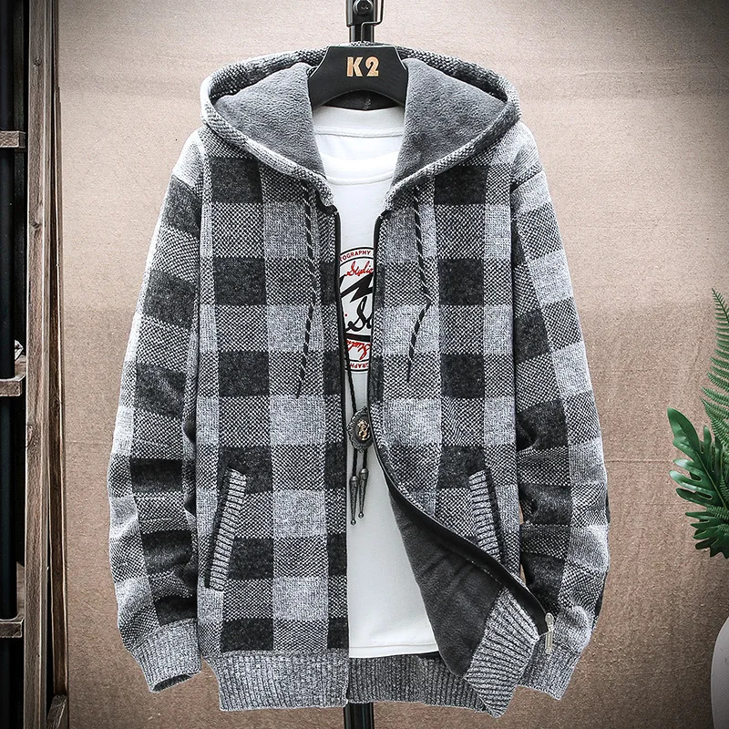 Mens fashion jacket plaid soft fur coat Y2K clothing street wear hoodie wool cashmere windproof cold 241007