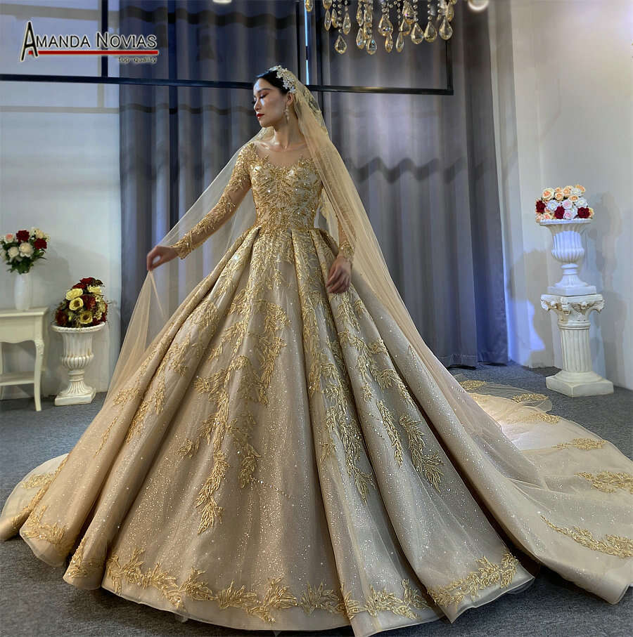 Sleeves Champagne Ball Gown Wedding Dress With Long Train