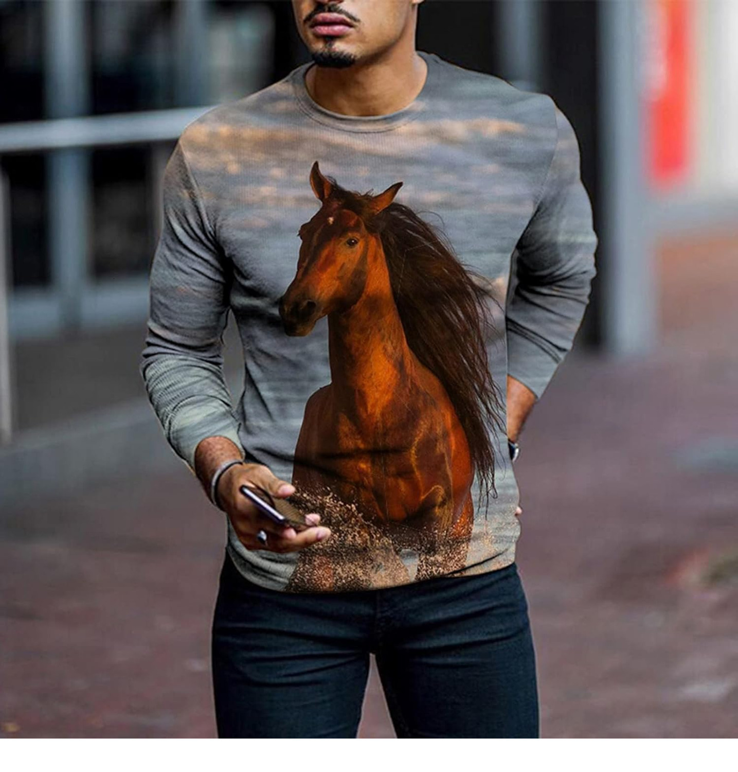 Long Sleeve Shirts for Men sweatshirt Men's Daily Tops 3D Horse Printed Tshirt Long Sleeve Crewneck Lightweight Pullover Casual Animal Graphic co