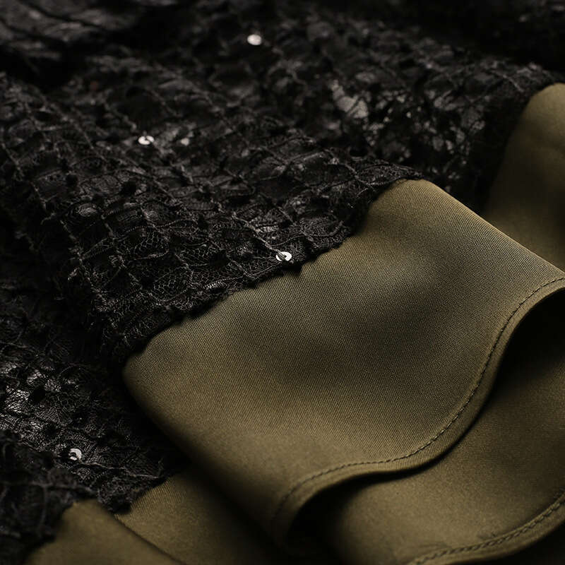 fake two-piece dress 2024 new womens autumn outfit V-neck acetate stitched lace fishtail skirt mid length