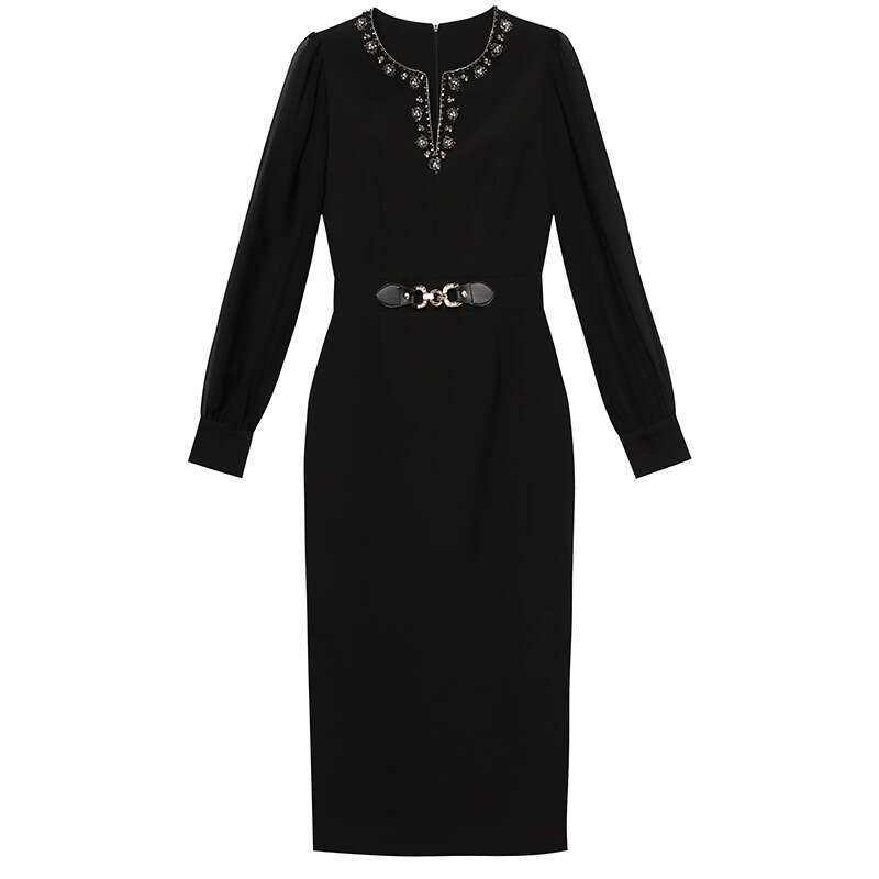 autumn new dress 2024 feminine temperament purple red bubble sleeve nail diamond wrapped hip skirt