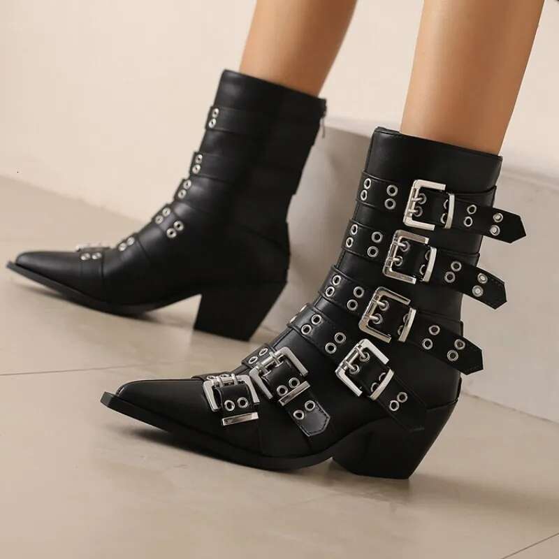 2024 European And American Style Patent Leather Pointed Toe Thick Front Lace Up For Women's Fashion Cross Tie Long Boots