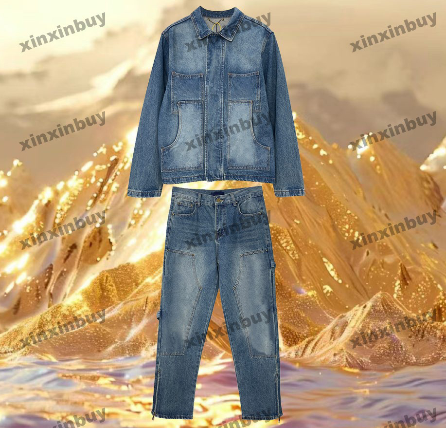 xinxinbuy Men designer Coat Jacket emboss letter embroidery jacquard fabric denim sets long sleeve women red blue S-2XL