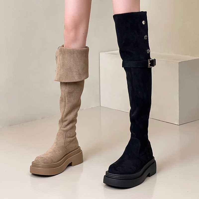 Autumn Winter Fashion Boots Two Wear Fold Thick Bottom Martin Boots Western Boots Thick Heel Knee Boots Knight Boots 240826
