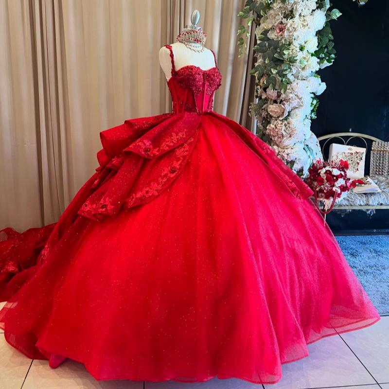 Red Shiny Princess Quinceanera Dresses Lace Appliques Beads Tull Ball Gown Birthday Party Gowns Lace-Up Sweet 16 Dress Vestidos De 15 Anos