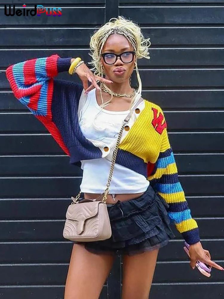 Weird Puss Y2K Cardigan Sweater Women Letter Print Casual Wild VNeck Button Colorful Patchwork Street Trend Hipster Knit Coat 241007
