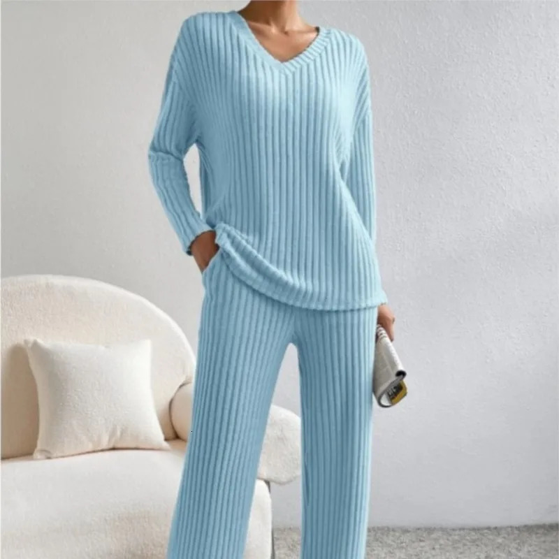 Womens autumn and winter set fashionable casual pit stripe wool Vneck top straight pants solid color sweater twopiece 241008