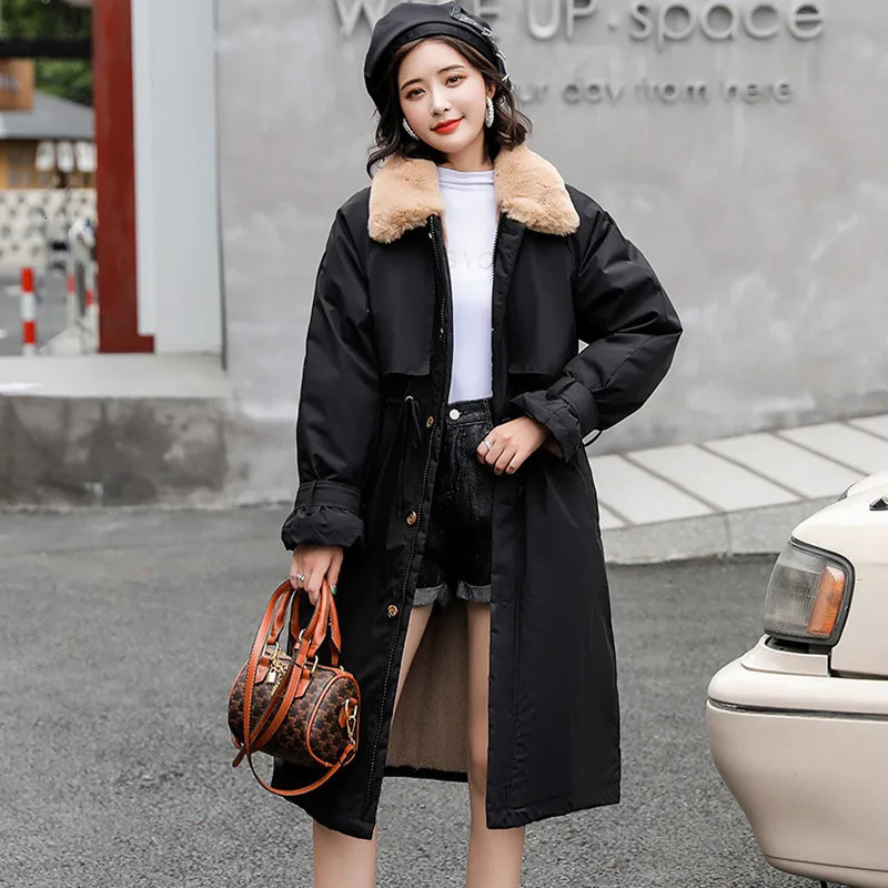 Thick Lamb Wool Down Jacket Women Winter Fur Collar Long Parka Coat Korean Fashion Warm Cotton Outwear Female Slim Trench 241008