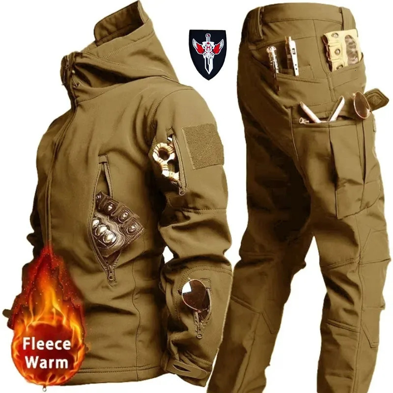 Tactical Winter Set Mens Outdoor Windproof and Waterproof Multi Pocket Soft Shell Hooded Jacket Shark Work Pants 241008