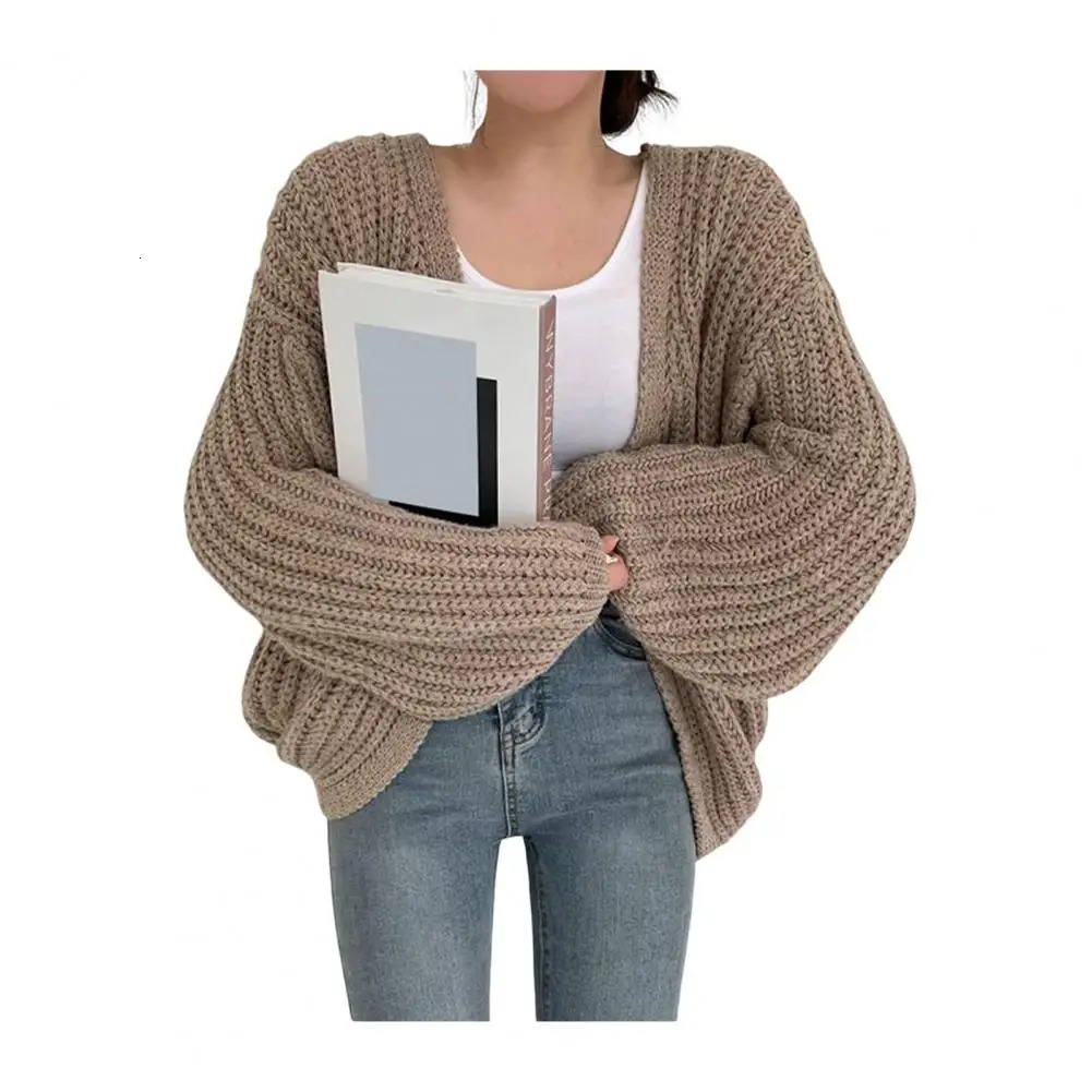 Womens sweater jacket V-neck lantern long sleeved open stitch knitted jacket solid color casual knitted cardigan 241011
