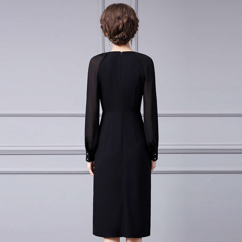 black niche design pleated waist slimming long sleeved chic slit dress 2024 autumn new item