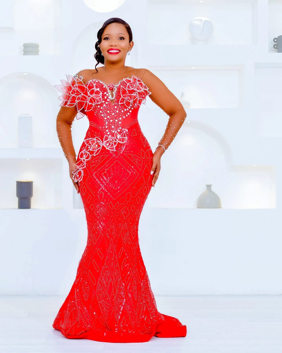 Aso Ebi 2024 Red Mermaid Prom Dresses Florals Rhinestones Sequined Lace Evening Formal Party Second Reception Birthday Gowns Dress For Special Occasio