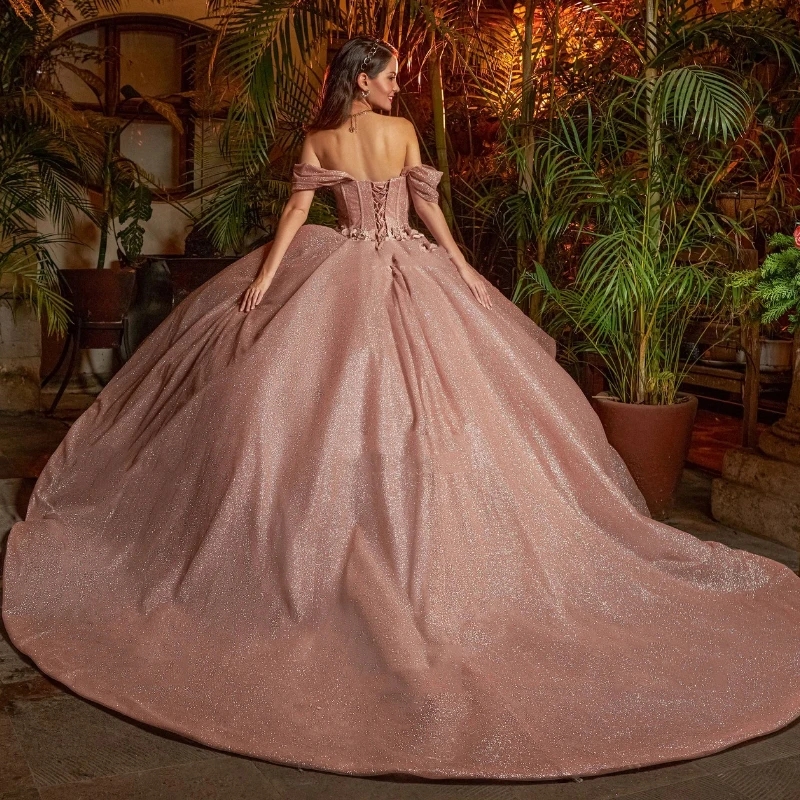 Rose Gold Shiny Ball Gown Princess Quinceanera Dresses Off Shoulder Flower Tulle Sweet 16 Dress Birthday Party Vestidos De 15 Anos