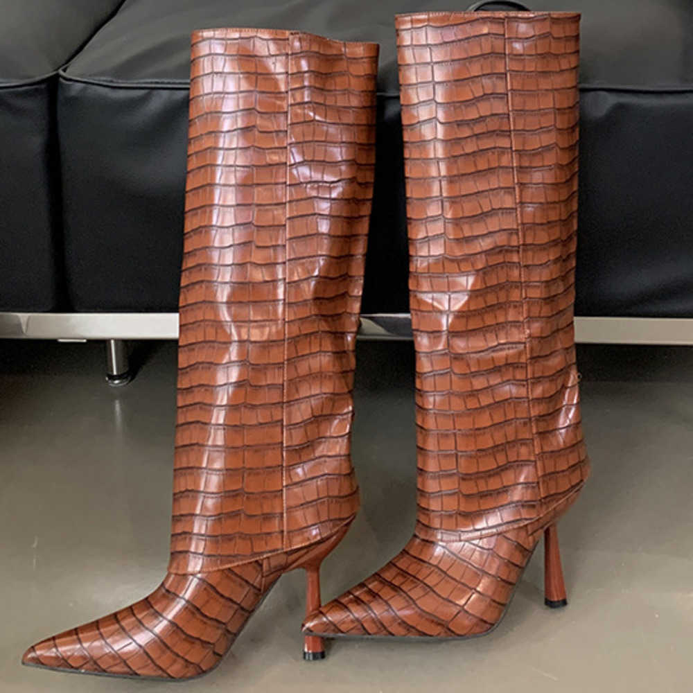 Sharp Pointed Fashion Boots Women Slim High Heel Boot Fashionable Leather Martin Boots Spring Autumn Crocodile Pattern Knee High Heels Knight Boots 24