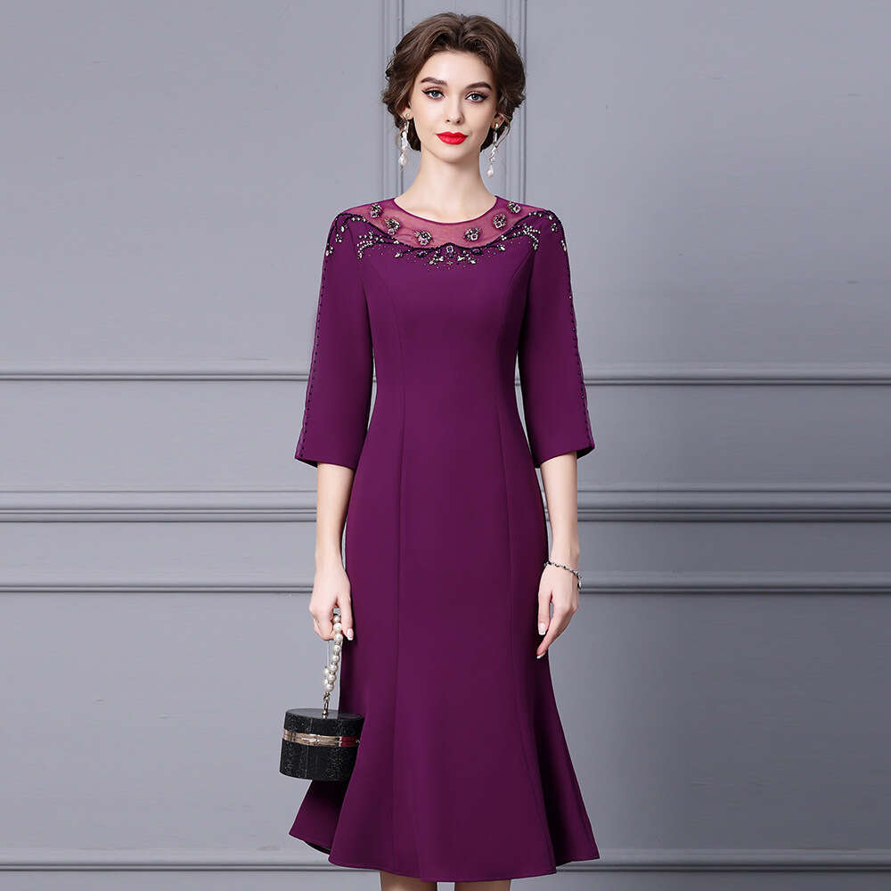 dopamine autumn outfit light luxury heavy industry nail bead seven quarter sleeve fish tail wrapped hip skirt dress 2024 new product