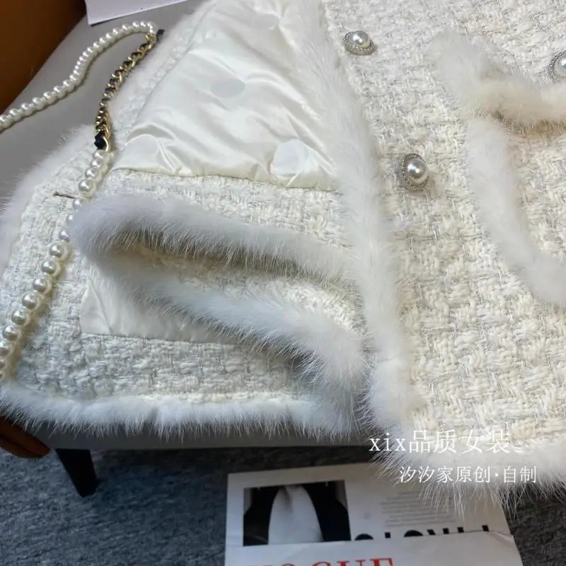 Down Jacket Womens Winter Mink Fur Stitching Thickening White Duck Liner Tweed Coat 241011