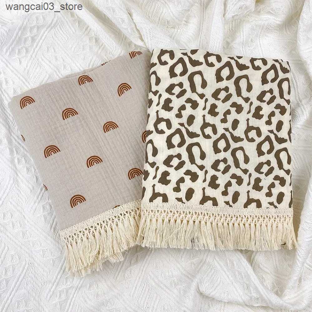 Blankets Swaddling Crinkle Muslin Baby Swaddle Blanket Print Cotton Fringe Swaddle Bath Towel Baby Wrap with Tassel Trim L240910