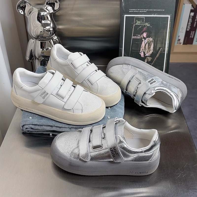 Gu Yun | Fashion Versatile Velcro Silver White Shoes Women's Thick Bottom 2024 Summer/Autumn New Board Shoes