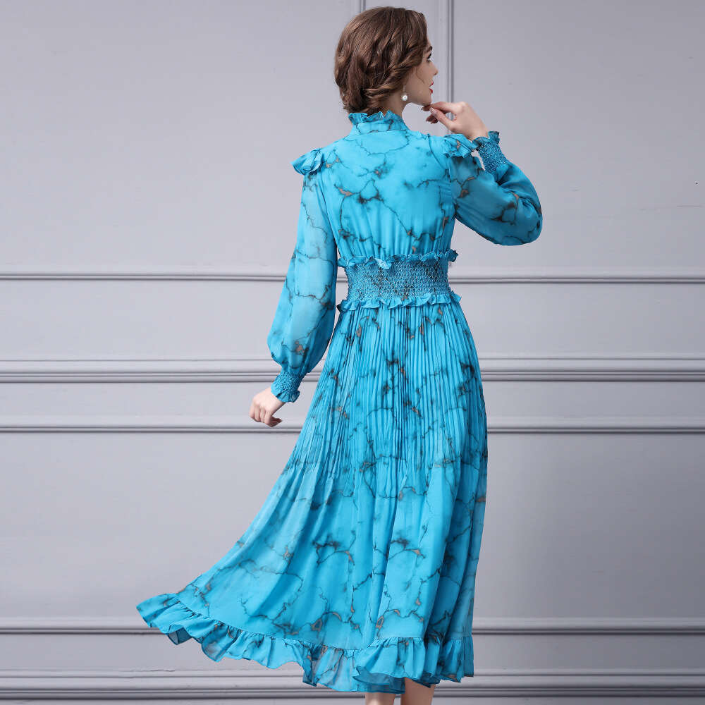 high-end printed dress 2024 new model with mushroom edge pleats high waisted stand up collar sleeved long skirt big swing autumn
