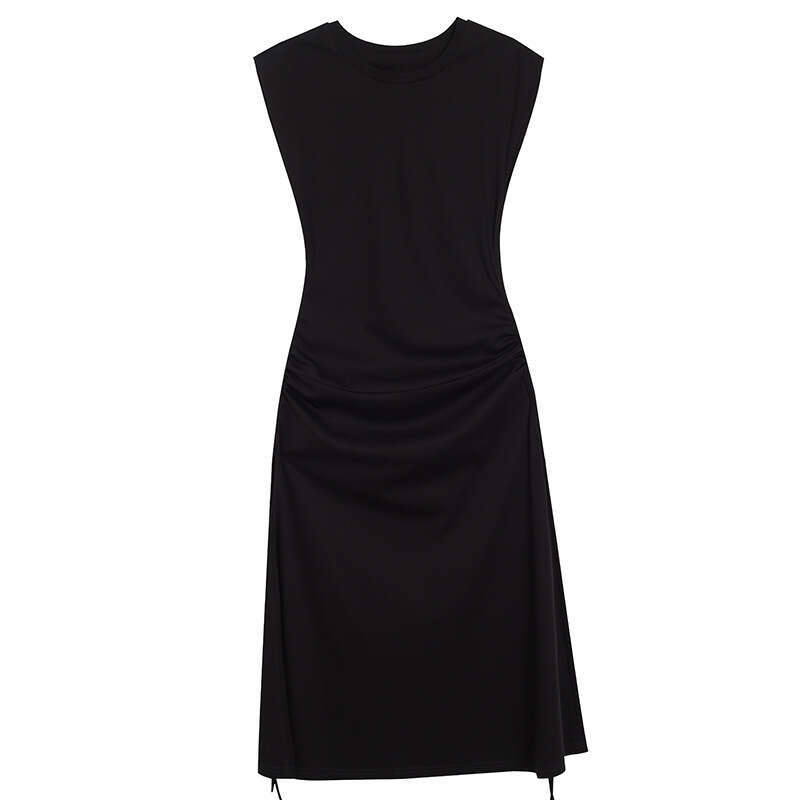 Smart coffee colored for summer women 2024 new commuter style bag shoulder drawstring pleated mid length slim fit dress