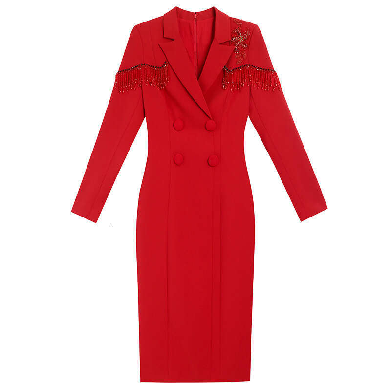 Red Dress Autumn 2024 New Style Suit Collar Handmade Nail Bead Formal Occasion Long Sleeve Hip Wrapping Skirt