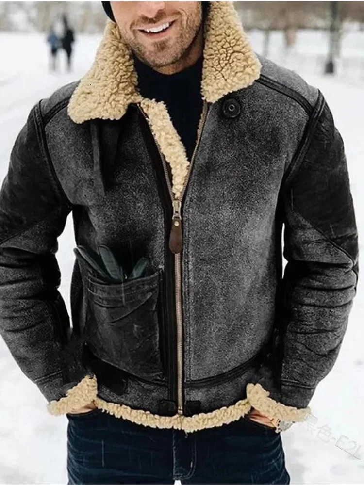 Mens winter faux leather jacket mens casual loose fur collar faux suede leather jacket outdoor thick wool warm jacket 5XL 240930