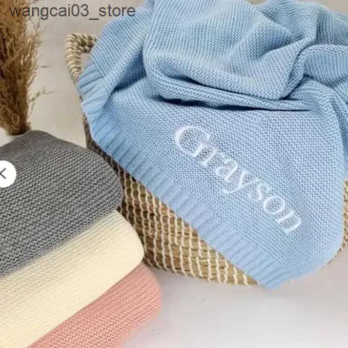 Blankets Swaddling Name Personalised Knit Baby Blanket Custom Toddler Crib Bed Stroller Swaddle for Newborn Birthday Gift Present Mother Kids L240910
