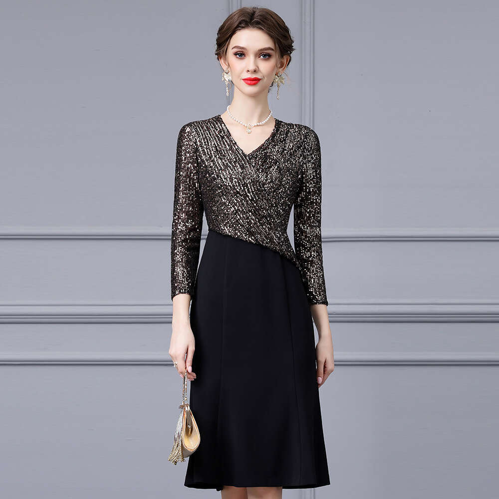Heavy Industry sequin splicing V-neck cover belly slimming high-end mature temperament noble lady dress autumn style