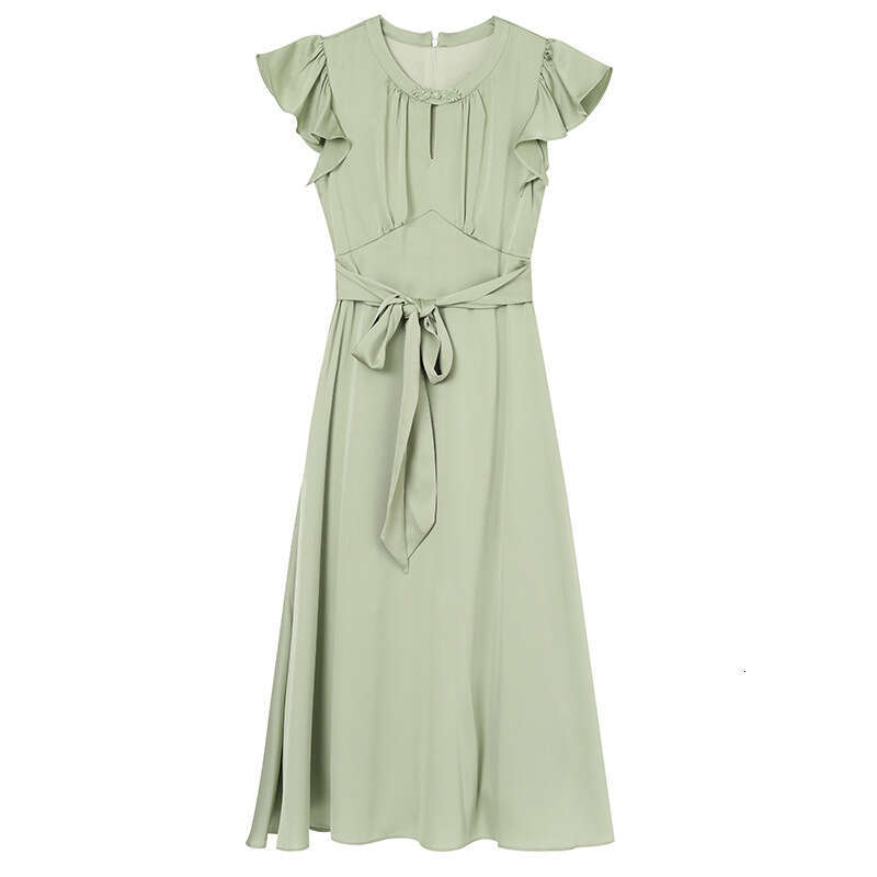 Smart and gentle style dress with short sleeves medium to long length yellow belt slimming A-line skirt 2024 summer new item