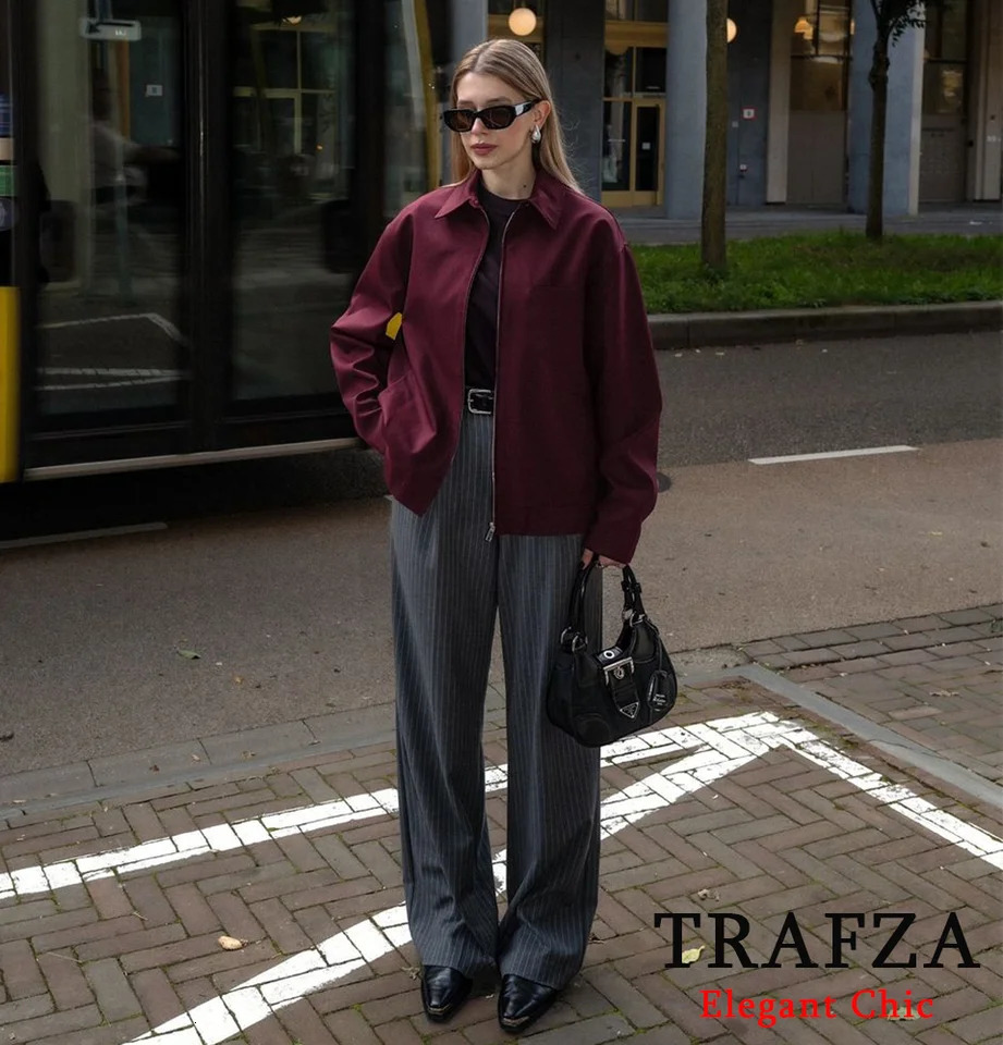 TRAFZAWomen Vintage Loose Lapel Jacket Burgundy Color Zipper Autumn Stylish Versatile Casual 241011