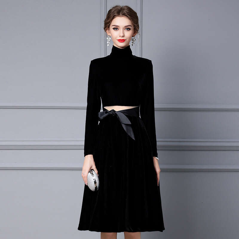 Autumn Dress 2024 New French Gold Velvet High Collar Long Sleeve with Coat to Look Thinner A-line Skirt