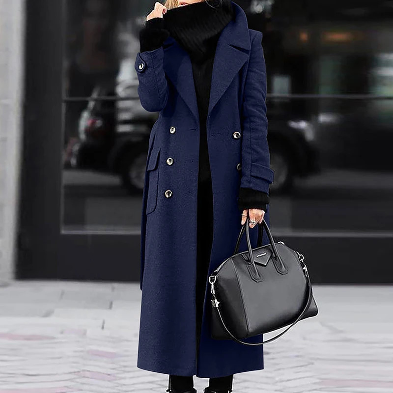 Temperament Lady Pocket Belt Trench Coat Fall Winter Solid Lapel Long Wool Fashion Warm Button Women Overcoat 240930