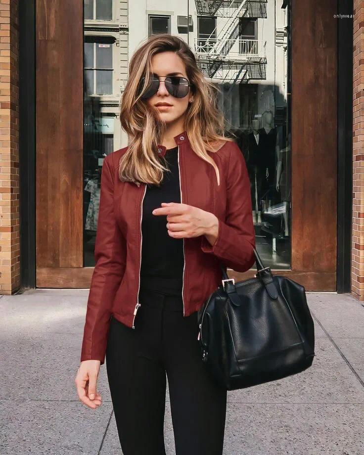 Womens Leather Faux Women PU Small Suits Zipper Moto Solid Fashion Jacket Female Casual Street Slim Elegant Short Cloth