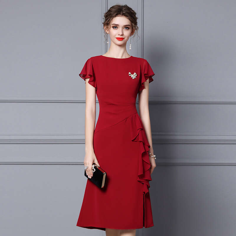 Wine Red 2024 Summer New Mid length Waist Slimming Ruffle Edge Banquet Dress for Women