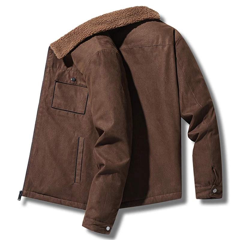 Winter Mens Jackets Suede Warm Fleece Thick Casual Coat Turn Down Collar Windbreaker Zipper Cargo Jacket Coats Men Solid Parkas 241011