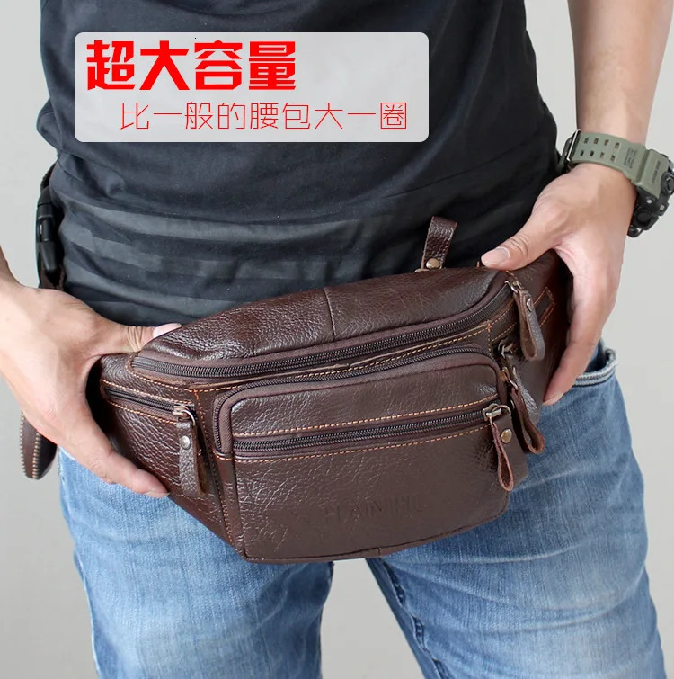Real denim leather waist bag mens funny bag mobile phone bag multi pocket hiking running cycling bag 241008