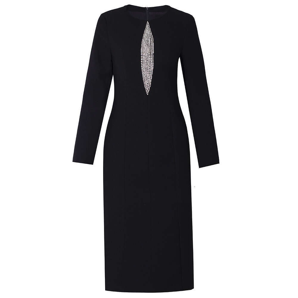 Red Heavy Industry Nail Bead Bag Hip Skirt 2024 Autumn New Style Light Luxury Temperament and Slimming Long Sleeve Dress