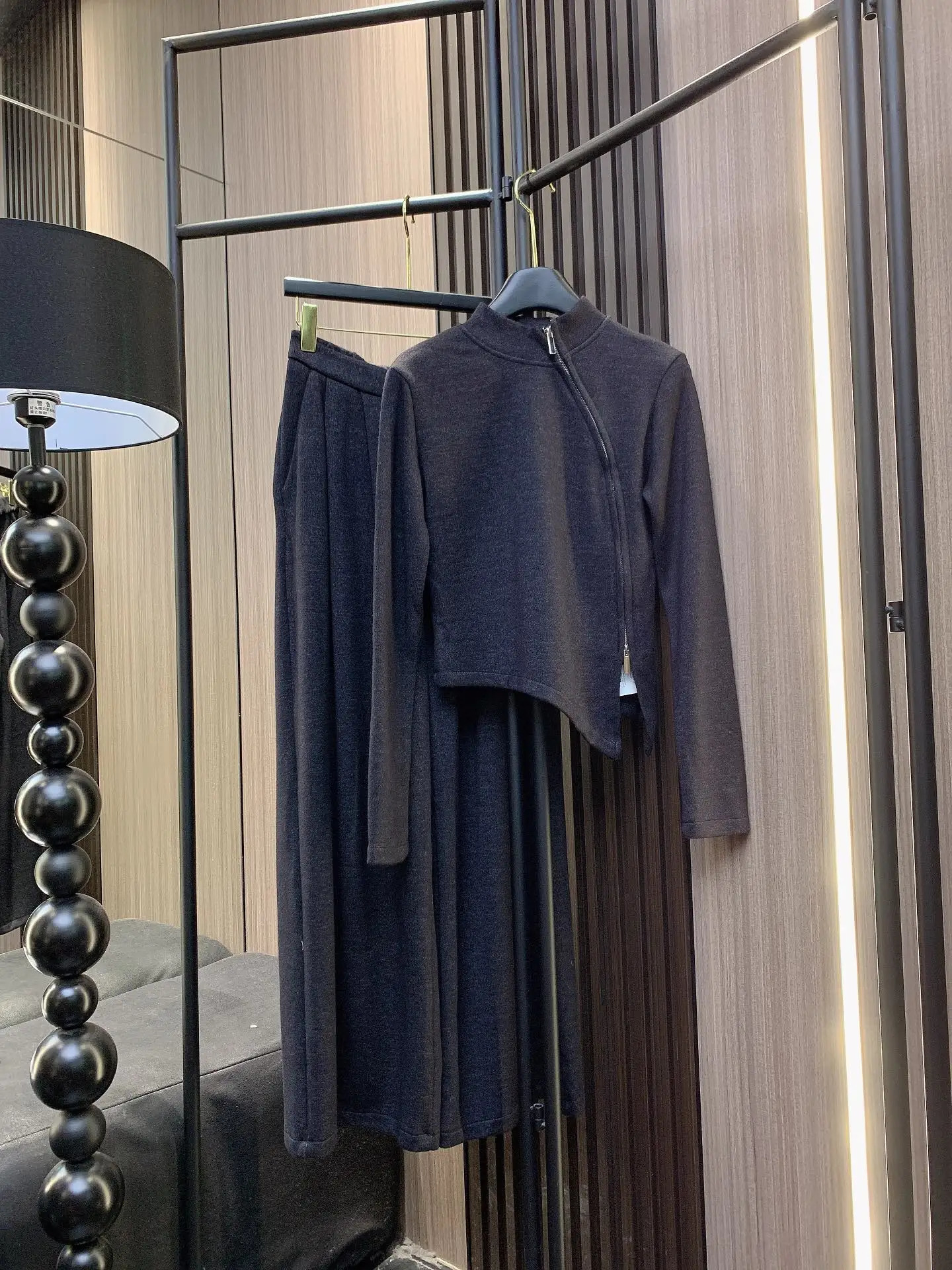 hoodie and pants set slim fit irregular high neck topelastic waist wide leg 241008