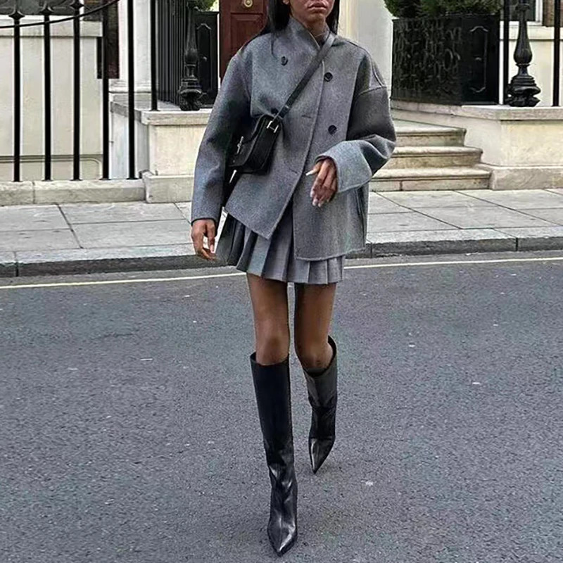 Women Fashion Long Sleeved Solid Outwear Ladies Stand Collar Double Breasted High Street Coat Autumn Casual Slim Wool Jacket 240930