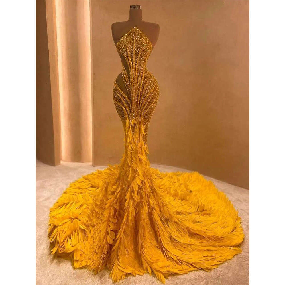 Mermaid Evening Sleeveless Bateau Sequins 3D Lace Sparkly Hollow Beaded Feather Train Prom Dresses Custom Made