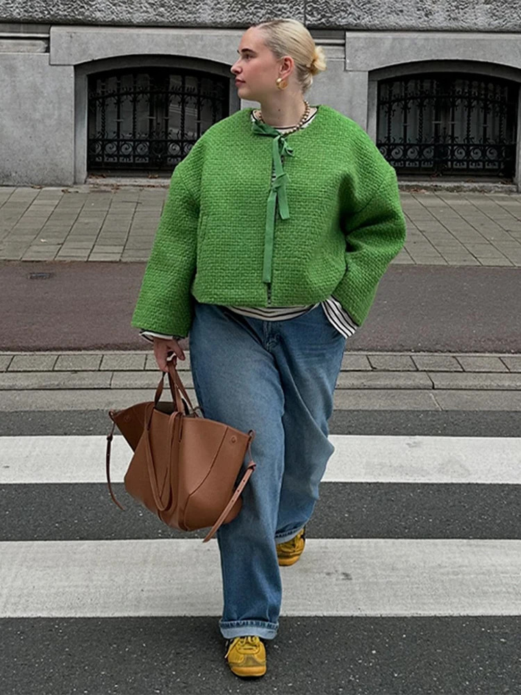 Bow Tweed Jacket Coat Green Lace Up Cardigan Womens Spring Autumn Short Overcoat Loose Casual Round Neck Top Slimming Outwear 241011