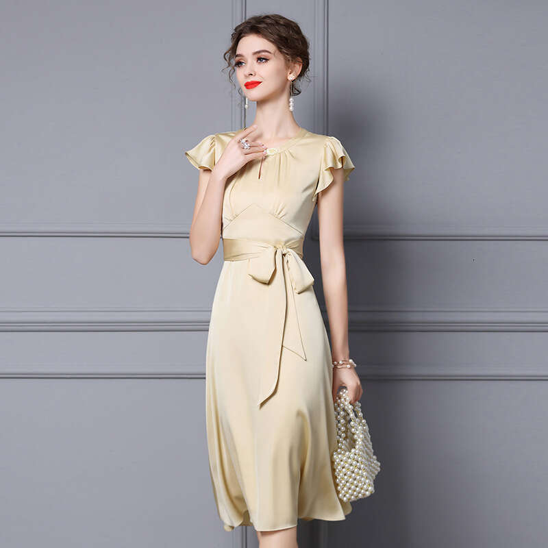 Smart and gentle style dress with short sleeves medium to long length yellow belt slimming A-line skirt 2024 summer new item