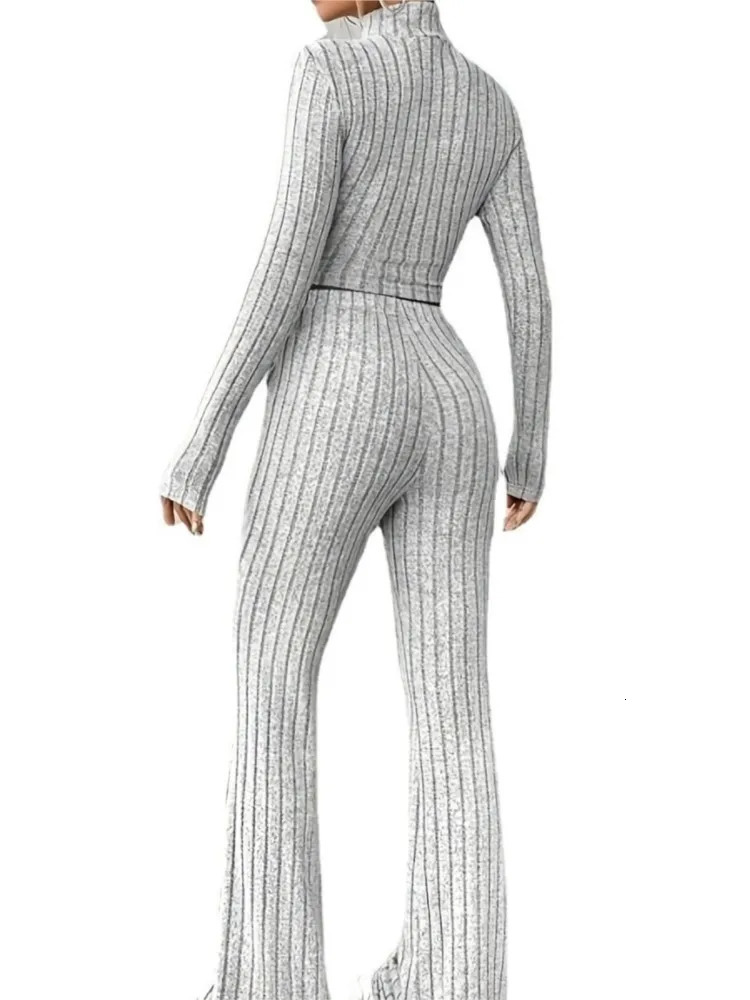 Spring Womens Fashion Knitted Long Sleeve High Collar Set Sexy Waist Hoodie Loose Pants Two Piece 241008