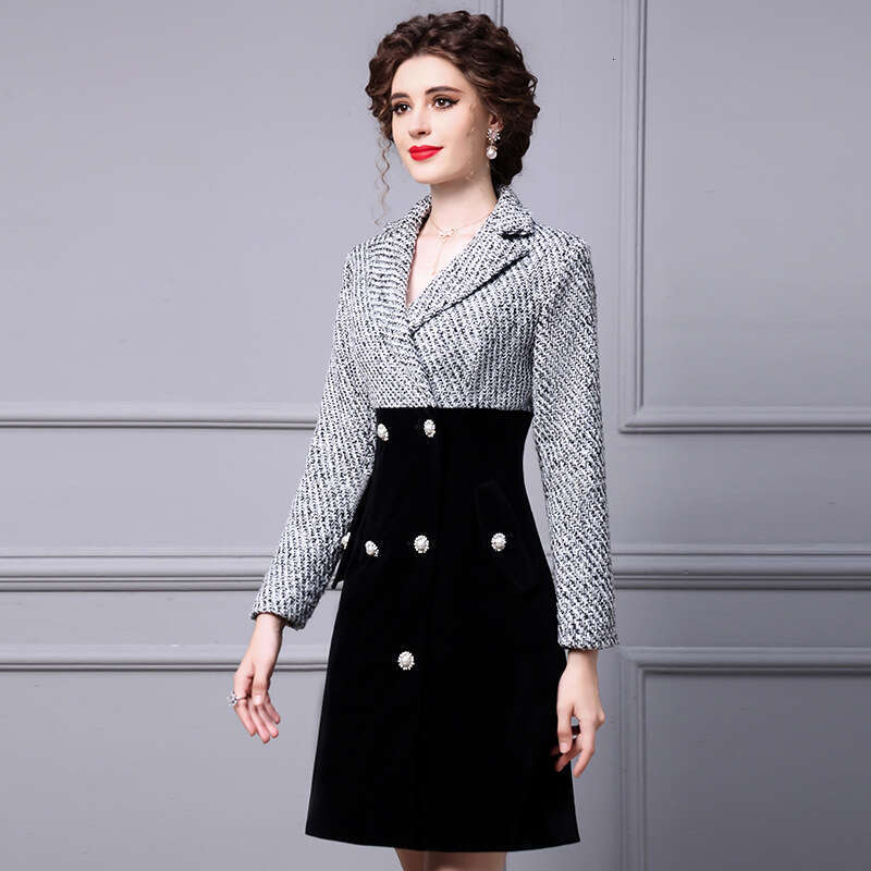 Thickened Early Autumn Dress 2024 New Style Slimming Woolen Suit Collar Velvet A-line Skirt