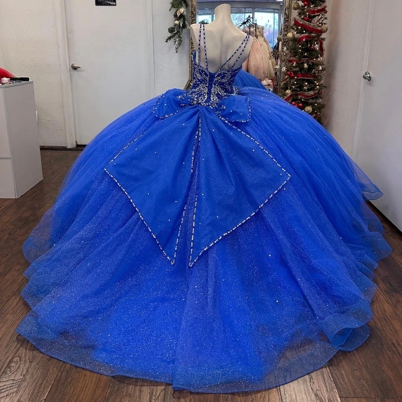 Royal Blue Shiny Princess Ball Gown Quinceanera Dresses Spaghetti Strap Beads Crystal Tull Vestido De 15 Anos Sweet 16th Prom Party Dress