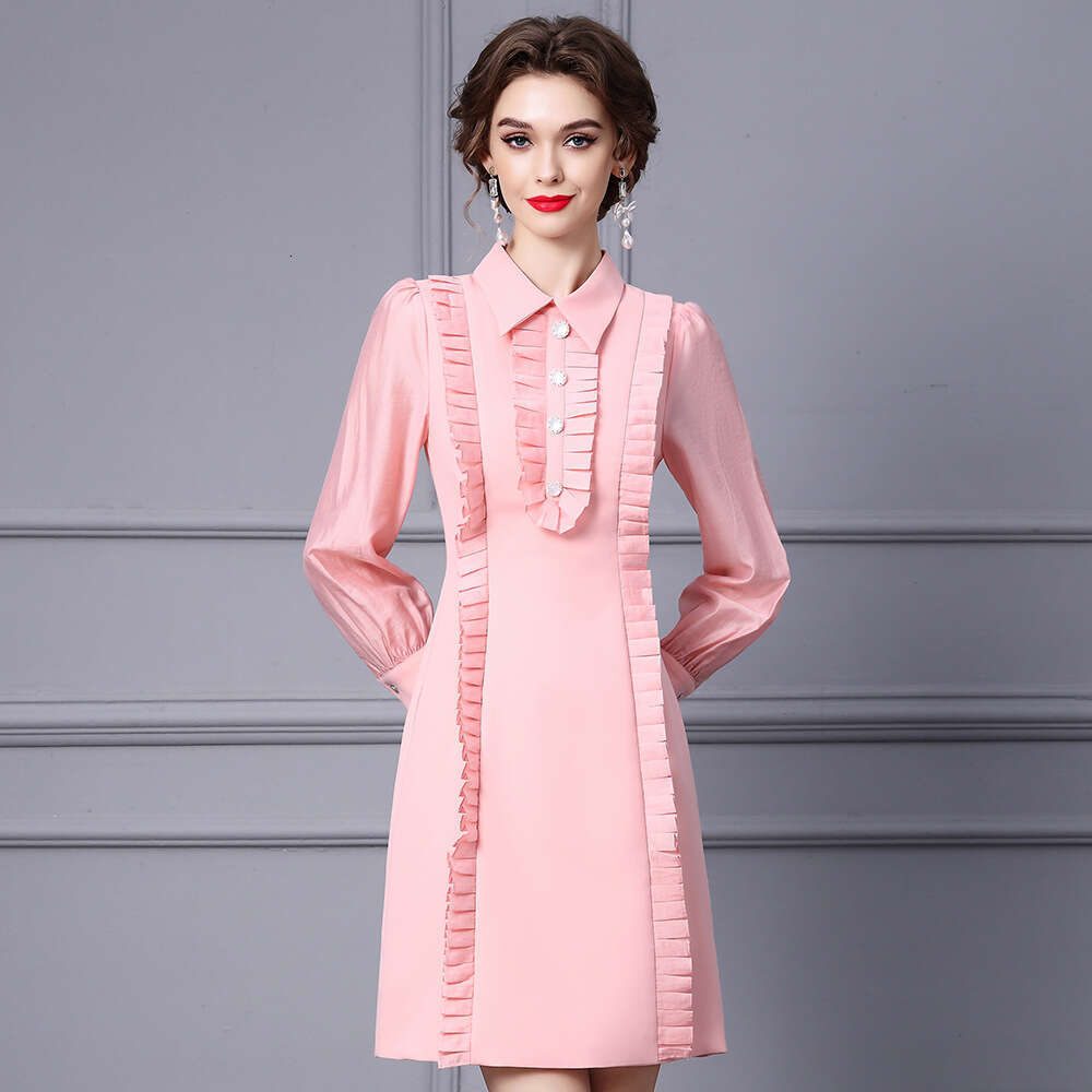 French pleated pink dress with lapel and three-dimensional cutting for slimming effect long sleeved autumn womens clothing 2024 new item