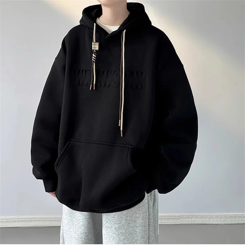 Letter Embossing Mens Hooded Sweatshirt Autumn High Street Fleece Pullover Hoodies Y2K Vintage Hoody Tracksuit 241011